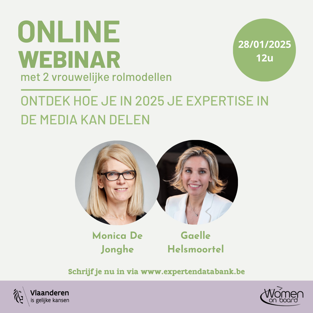 Mogelijkheid tot inschrijven voor de gratis webinar van 28 januari 2025 (12 tot 13 uur) door 2 vrouwelijke rolmodellen over het delen van jouw expertise in de media.